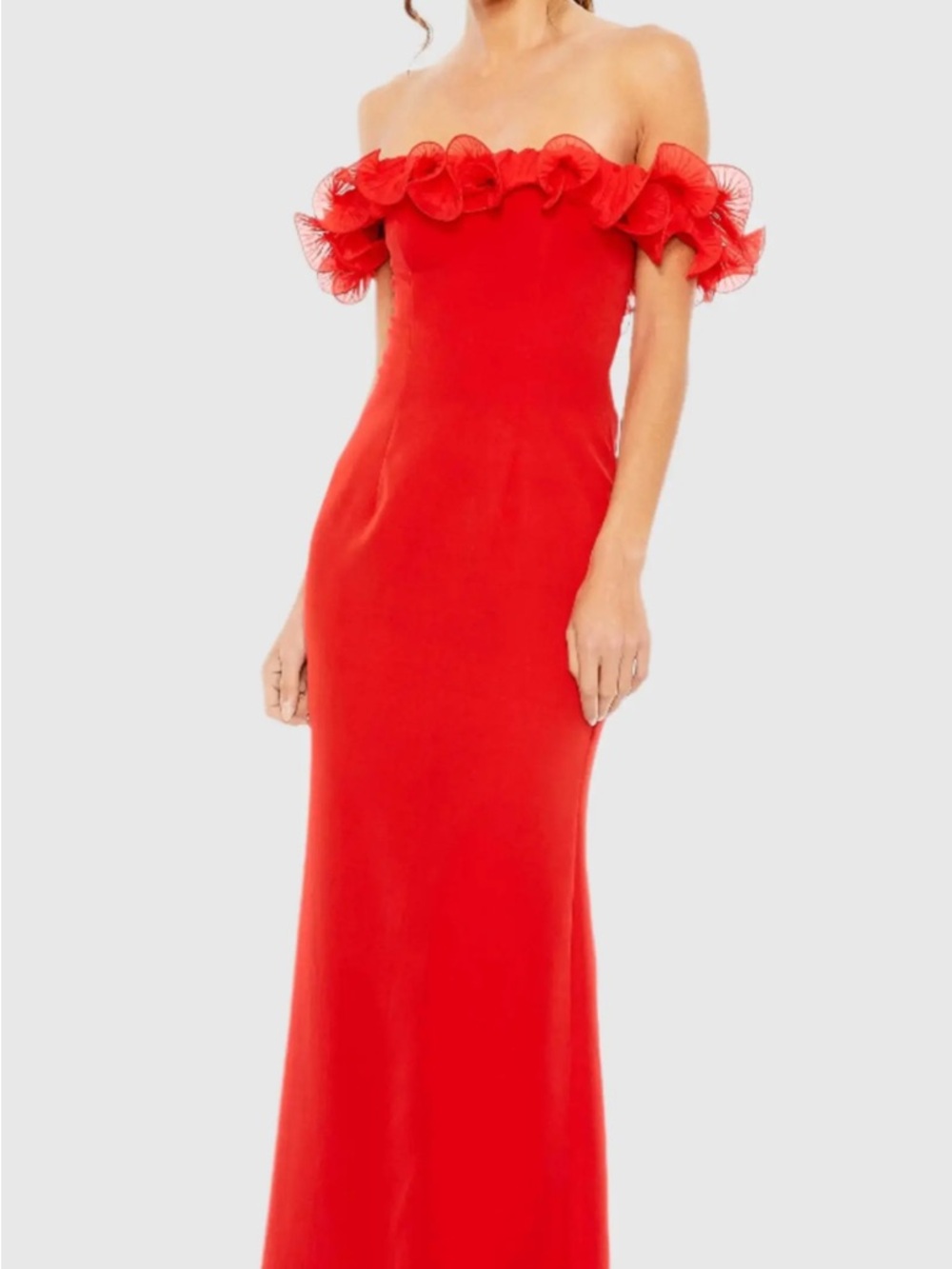 Mac Duggal Strapless Red Ruffle-Trim Evening Gown